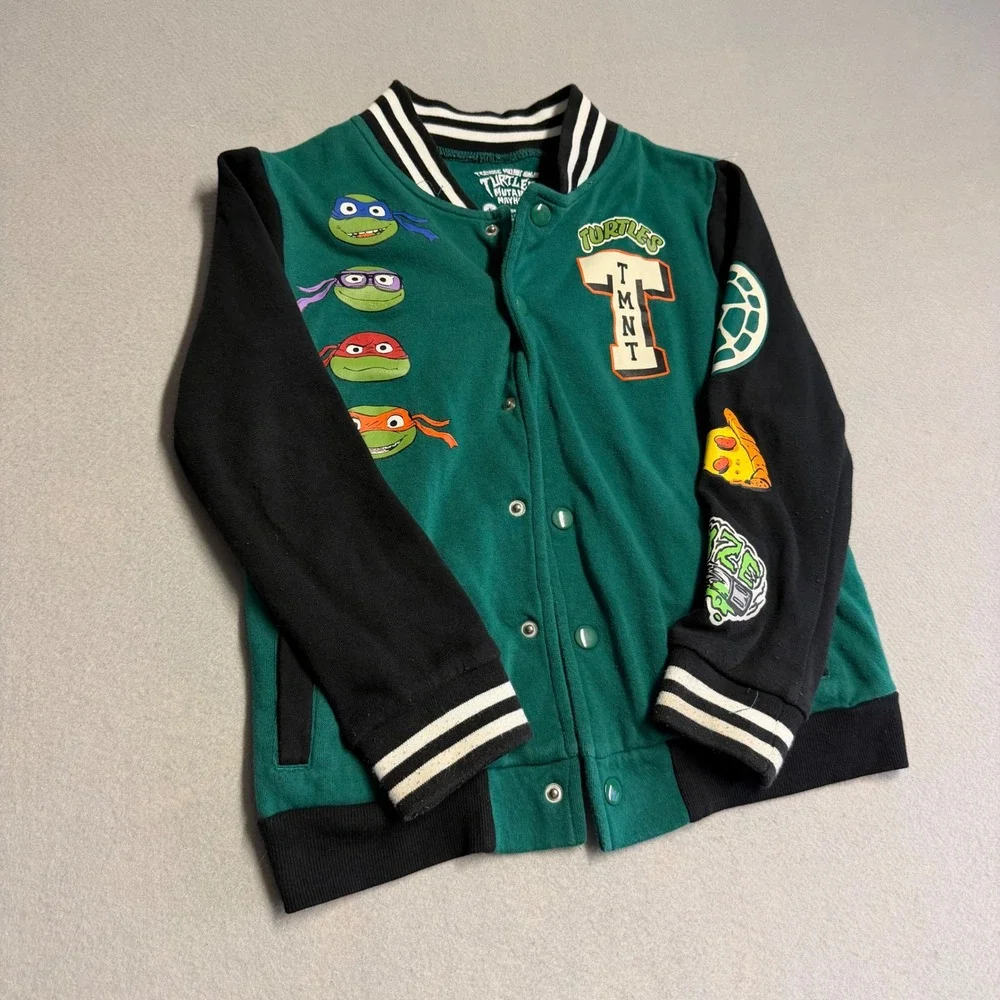 Nickelodeon TMNT Mutant Mayhem Kids Green Varsity Jacket Snap Front Small